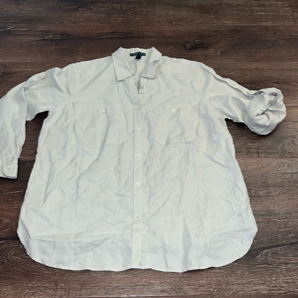 Lauren by Ralph Lauren Relaxed Fit Linen Roll Tab–Sleeve Shirt 1X EUC Tan